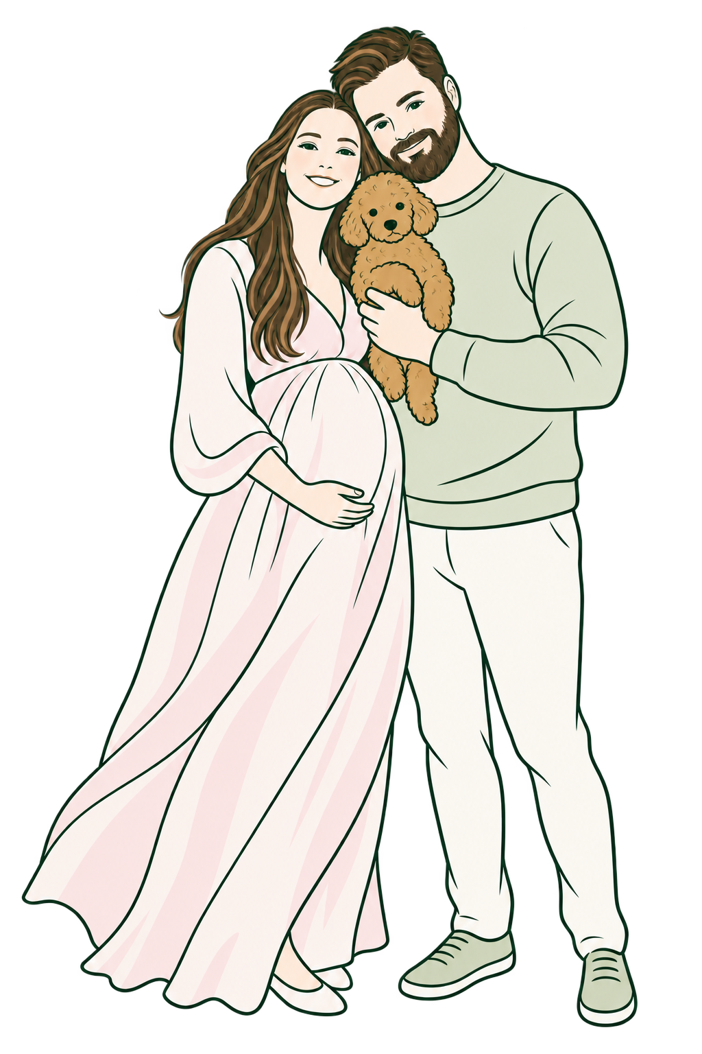 Sarah enceinte aux côtés de Maxime, qui tient leur chien dans ses bras.